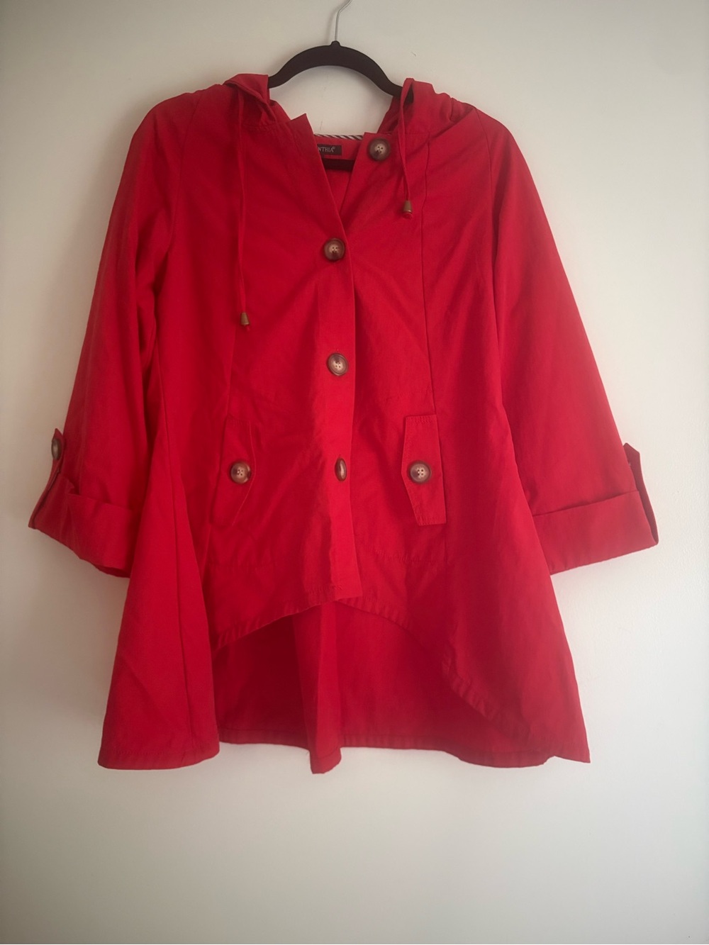 For Cynthia Red Hooded Button-Front Trench Coat
